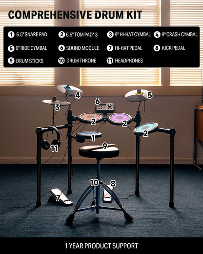 Electric Drum Set with LED Light Up, 150+ Sounds, USB MIDI, Type-C Charging, 4 Quiet Mesh Pad Electronic Dums Kit for Beginner Kids