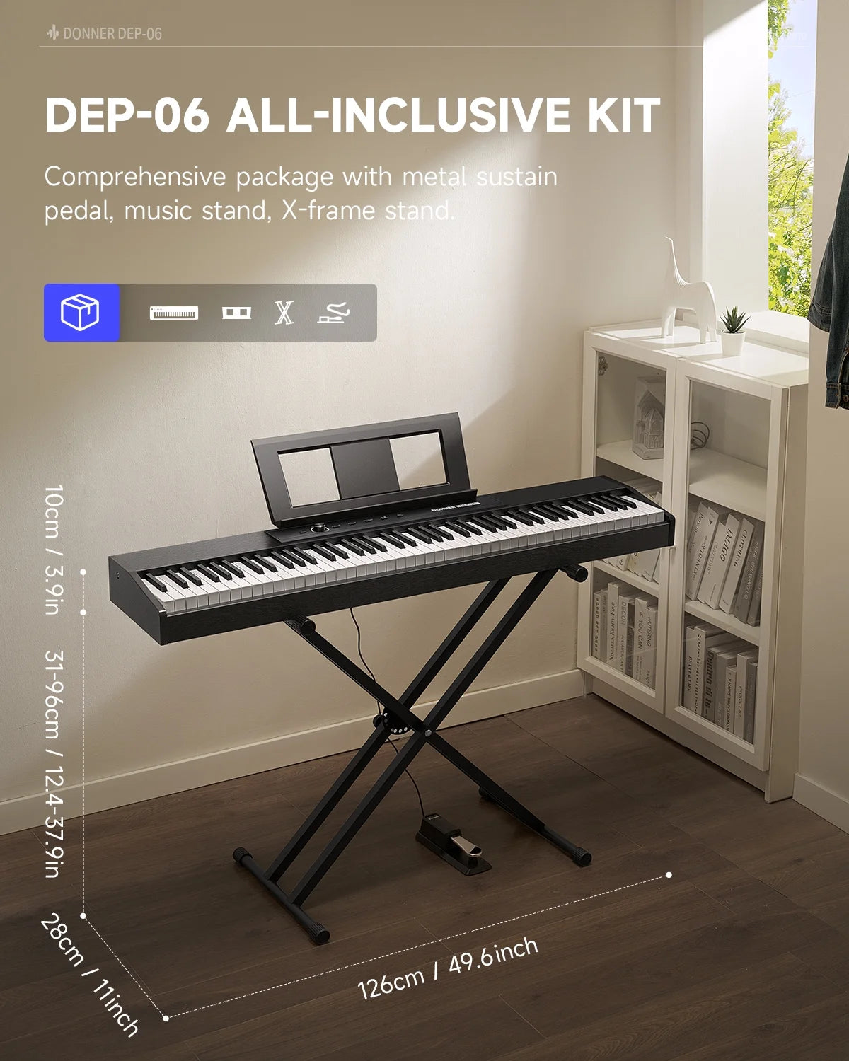 Portable Digital Piano 88-Key Synth Action Keyboard with X Stand, Pedal, Auto-Accompaniment for Beginner, 128 Tones, 83 Rhythms, Support Usb/Midi/Melodics, Wireless Connection
