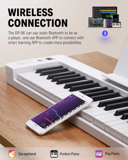 61-Key Folding Bluetooth Keyboard Piano for Beginners, Portable Piano Keyboard with Music Rest, Bag, Pedal, and App - White