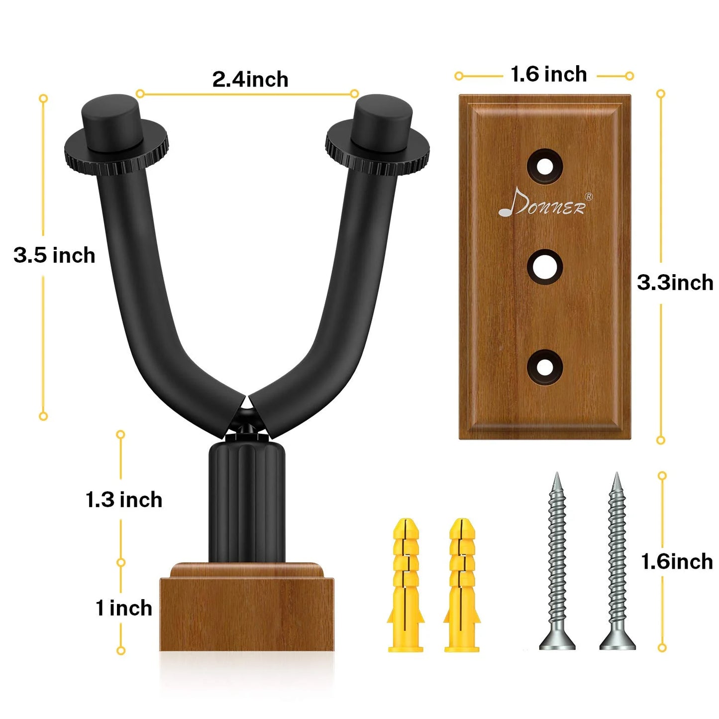 Guitar Wall Mount Hanger 3-Pack, Black Walnut Guitar Wall Holder for Acoustic Electric Guitars, Bass, Folk Ukulele, Violin, Mandolin Banjo and String Instruments
