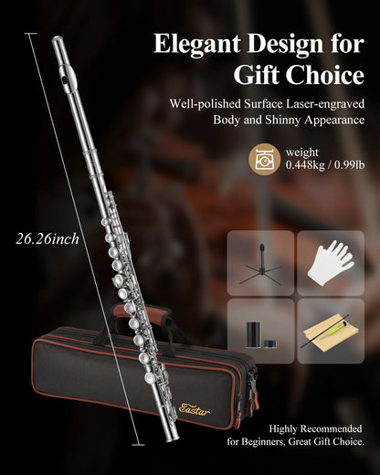 EFL-1 Nickel Plated C Flute for Beginner Students - 16 Key Closed Hole with Carrying Case, Stand, Full Cleaning Kit & Tuning Rod