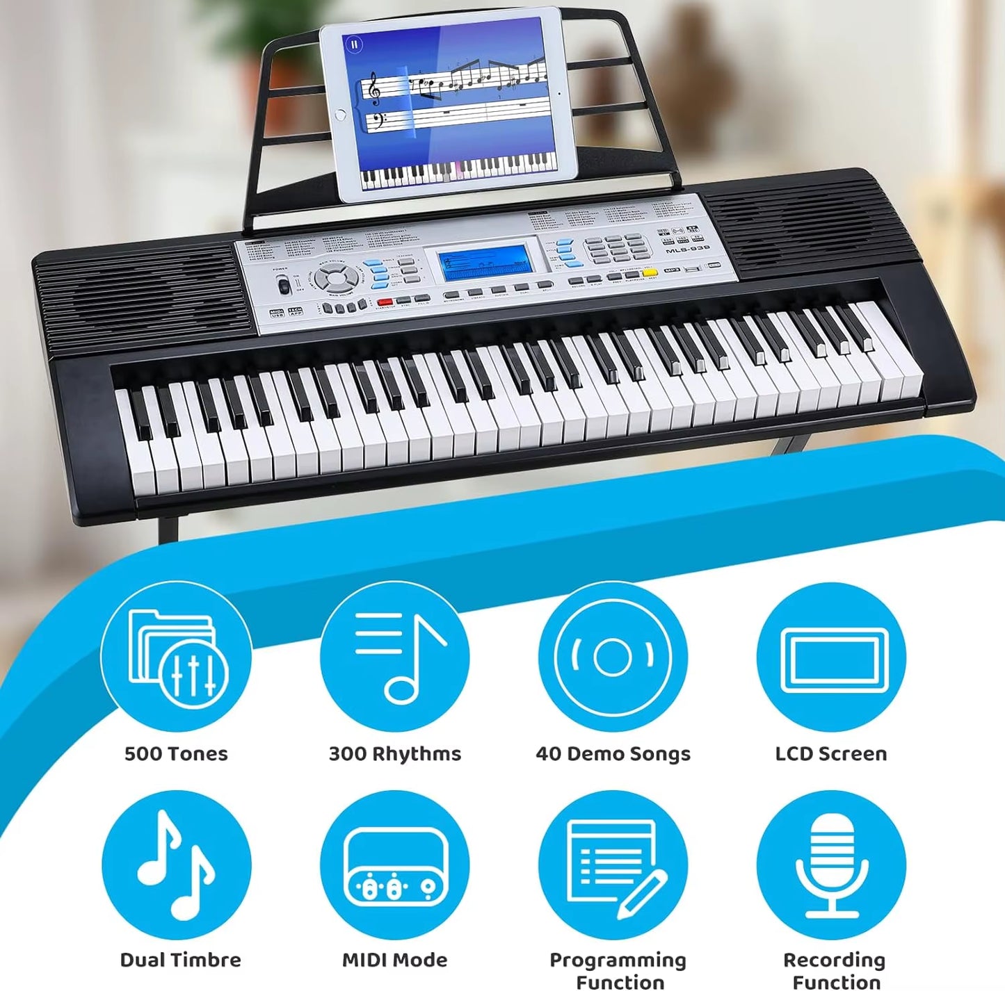 Keyboard Piano Digital Piano 61 Keys, Electric Piano Keyboard for Beginners, 300 Sounds & Teaching Function, Electronic Keyboard
