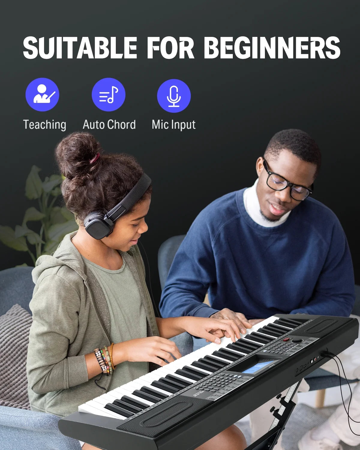 Upgraded 61 Key Piano Keyboard, Electric Keyboard Kit with 249 Voices, 249 Rhythms - Includes Piano Stand, Stool, Microphone, Gift for Beginners, Black (DEK-610S)