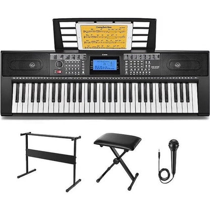 Upgraded 61 Key Piano Keyboard, Electric Keyboard Kit with 249 Voices, 249 Rhythms - Includes Piano Stand, Stool, Microphone, Gift for Beginners, Black (DEK-610S)