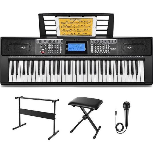 Upgraded 61 Key Piano Keyboard, Electric Keyboard Kit with 249 Voices, 249 Rhythms - Includes Piano Stand, Stool, Microphone, Gift for Beginners, Black (DEK-610S)