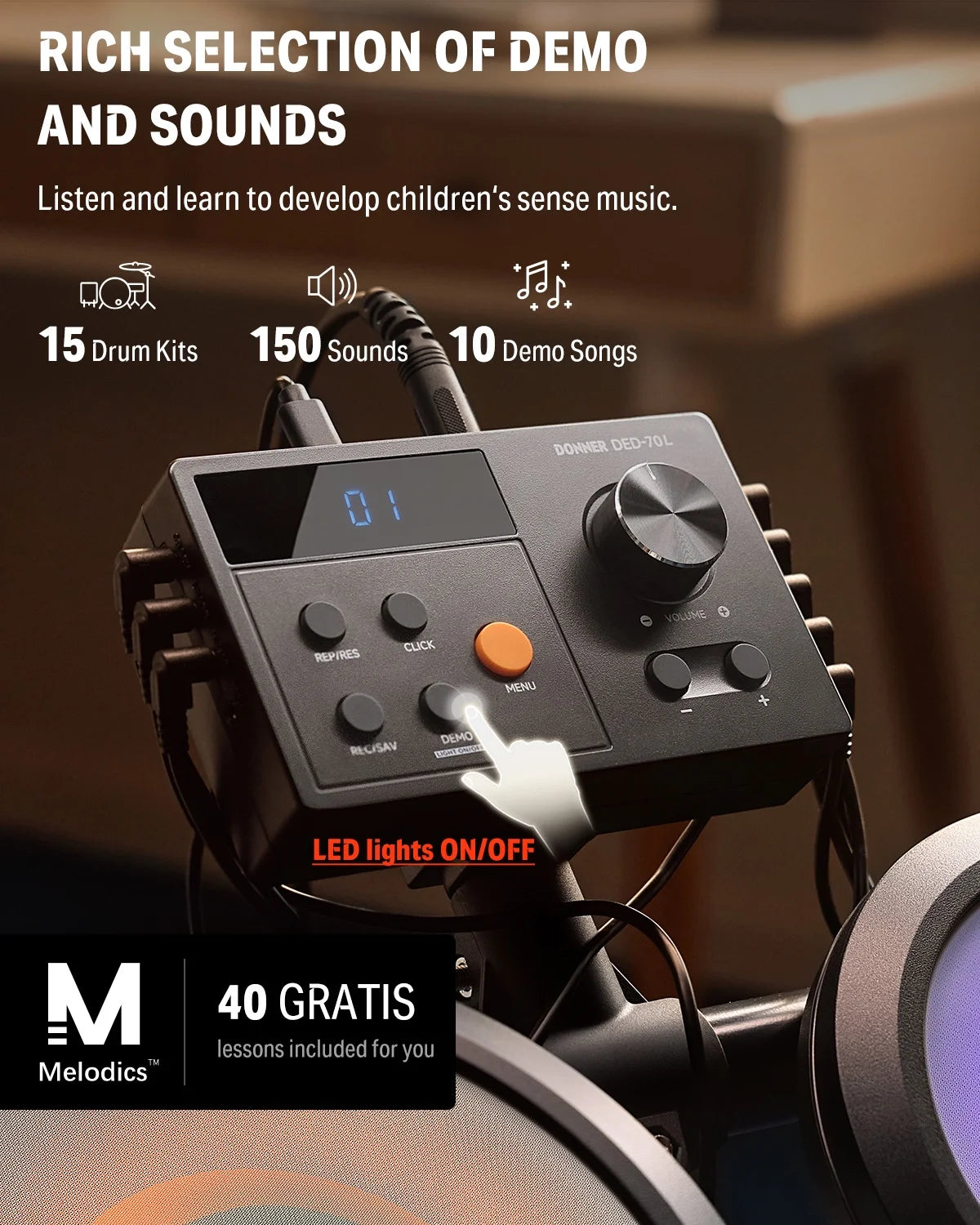 Electric Drum Set with LED Light Up, 150+ Sounds, USB MIDI, Type-C Charging, 4 Quiet Mesh Pad Electronic Dums Kit for Beginner Kids