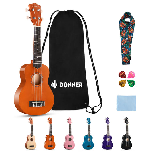 DUS-10M 21" Soprano Ukulele Kit with Online Lesson, Bundle, Strap, String, Tuner, Pick, Polishing Cloth for Beginner, Rainbow Series, Mahogany