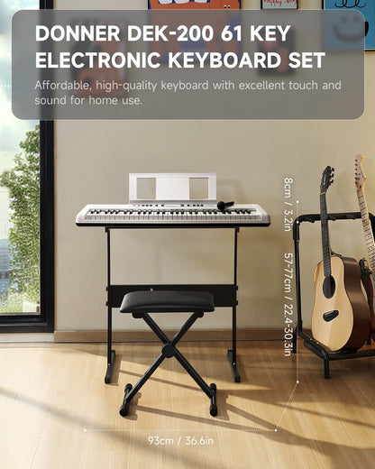 DEK-200 61 Key Electronic Piano Keyboard Set, Auto Accompaniment, Record, Includes 300 Tones, with Stand, Bench, Microphone, White