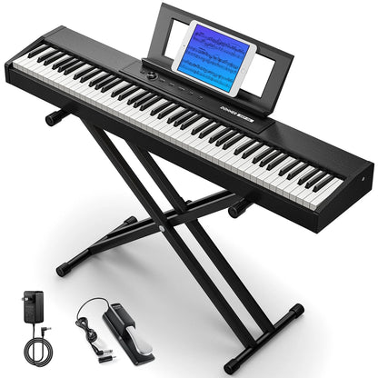 Portable Digital Piano 88-Key Synth Action Keyboard with X Stand, Pedal, Auto-Accompaniment for Beginner, 128 Tones, 83 Rhythms, Support Usb/Midi/Melodics, Wireless Connection