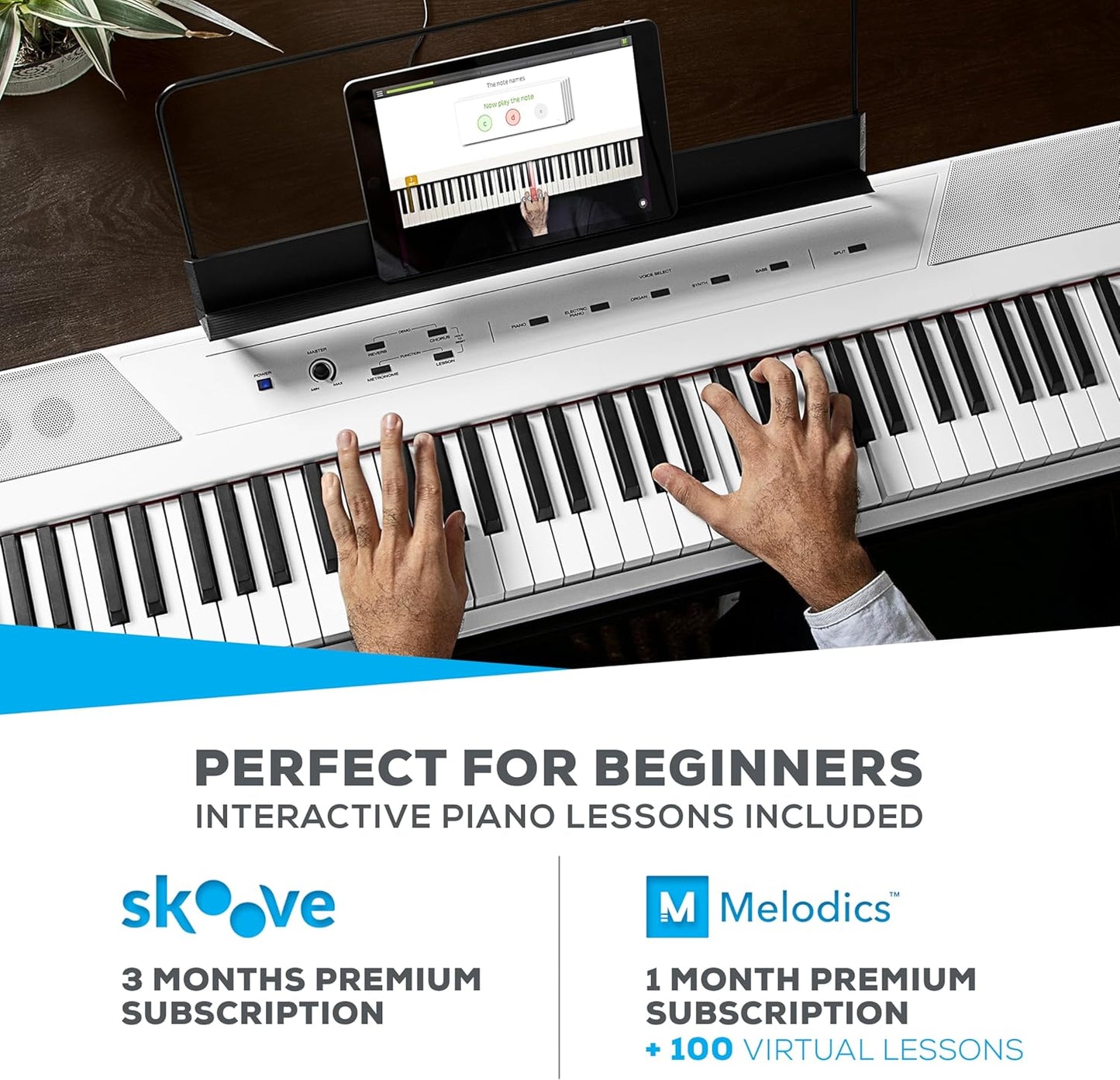 Recital White - 88 Key Digital Piano Keyboard with Semi-Weighted Keys, 2X20W Speakers, 5 Voices, Split, Layer and Lesson Mode, FX and Piano Lessons