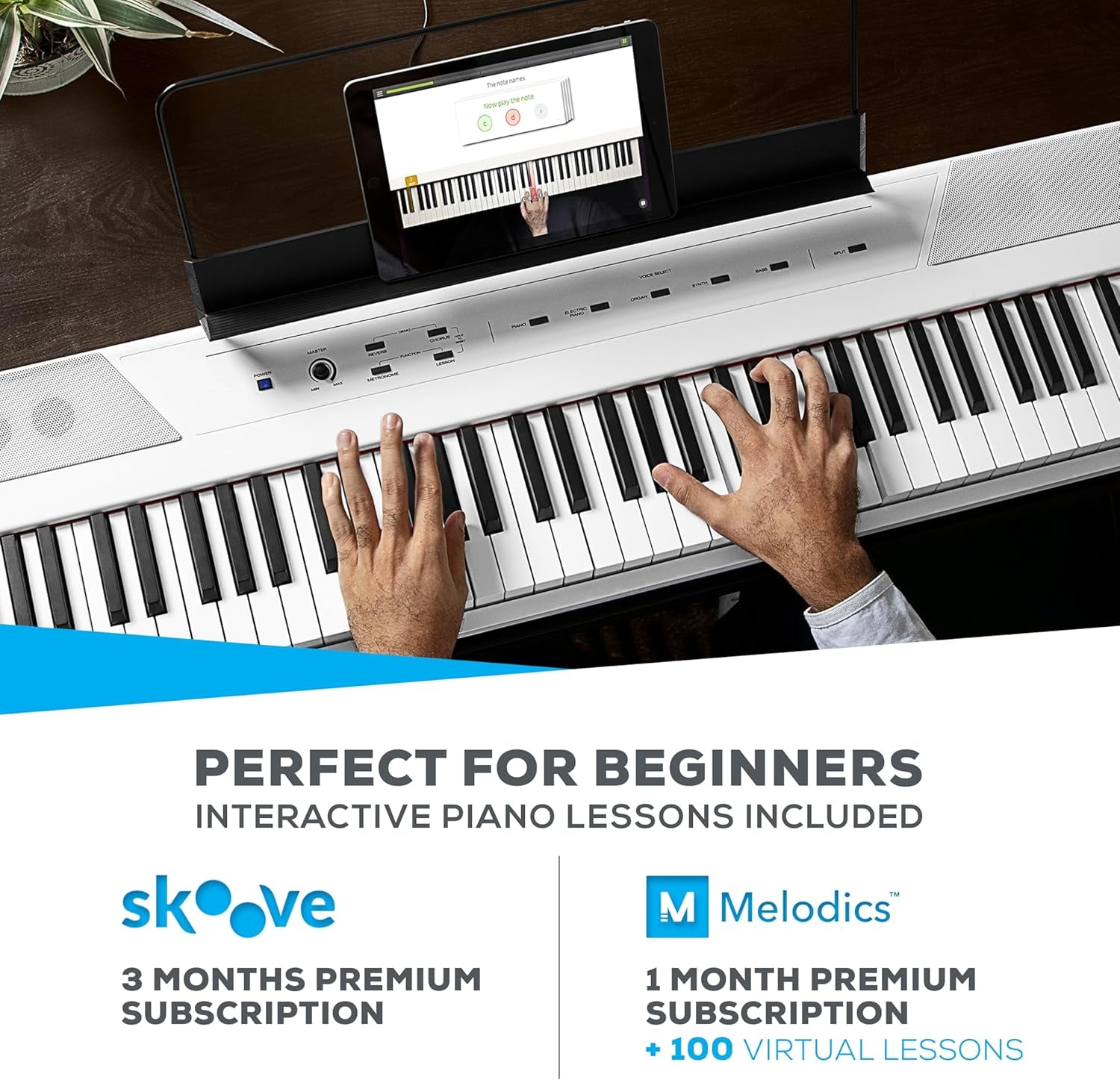 Recital White - 88 Key Digital Piano Keyboard with Semi-Weighted Keys, 2X20W Speakers, 5 Voices, Split, Layer and Lesson Mode, FX and Piano Lessons