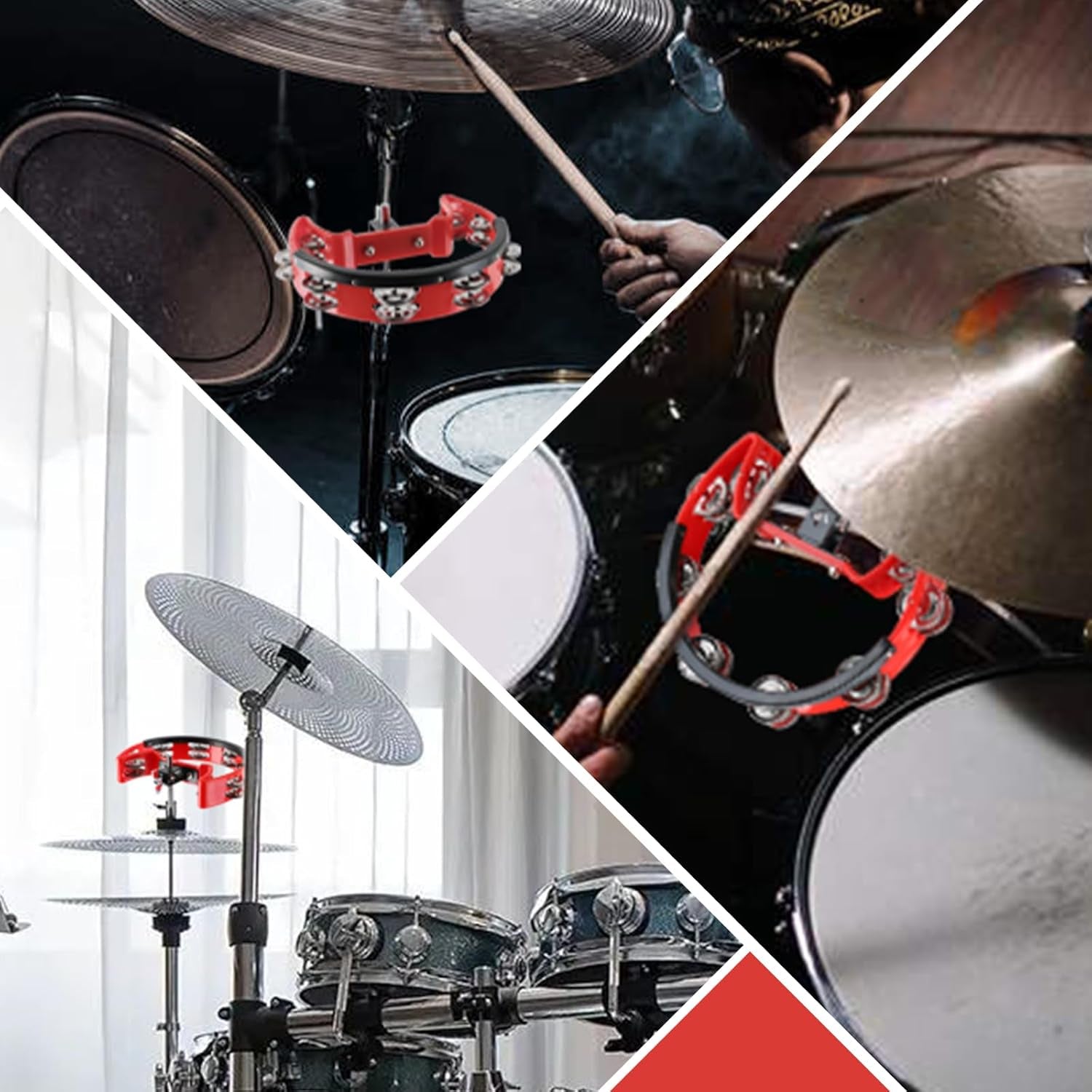 Drum Set Tambourine with Mounting Eye Bolt, Hi Hat Tambourine (Red)
