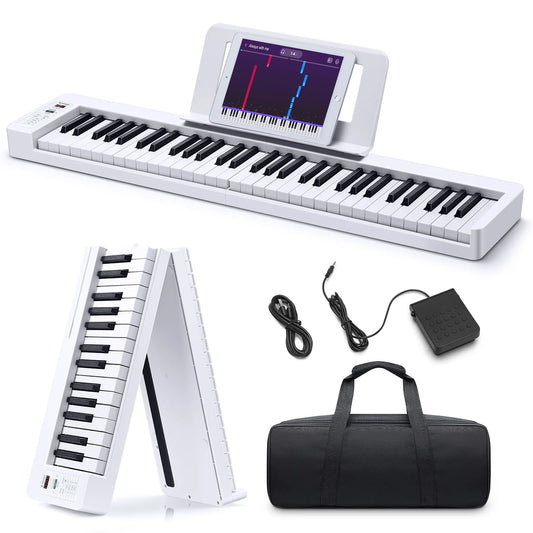 61-Key Folding Bluetooth Keyboard Piano for Beginners, Portable Piano Keyboard with Music Rest, Bag, Pedal, and App - White