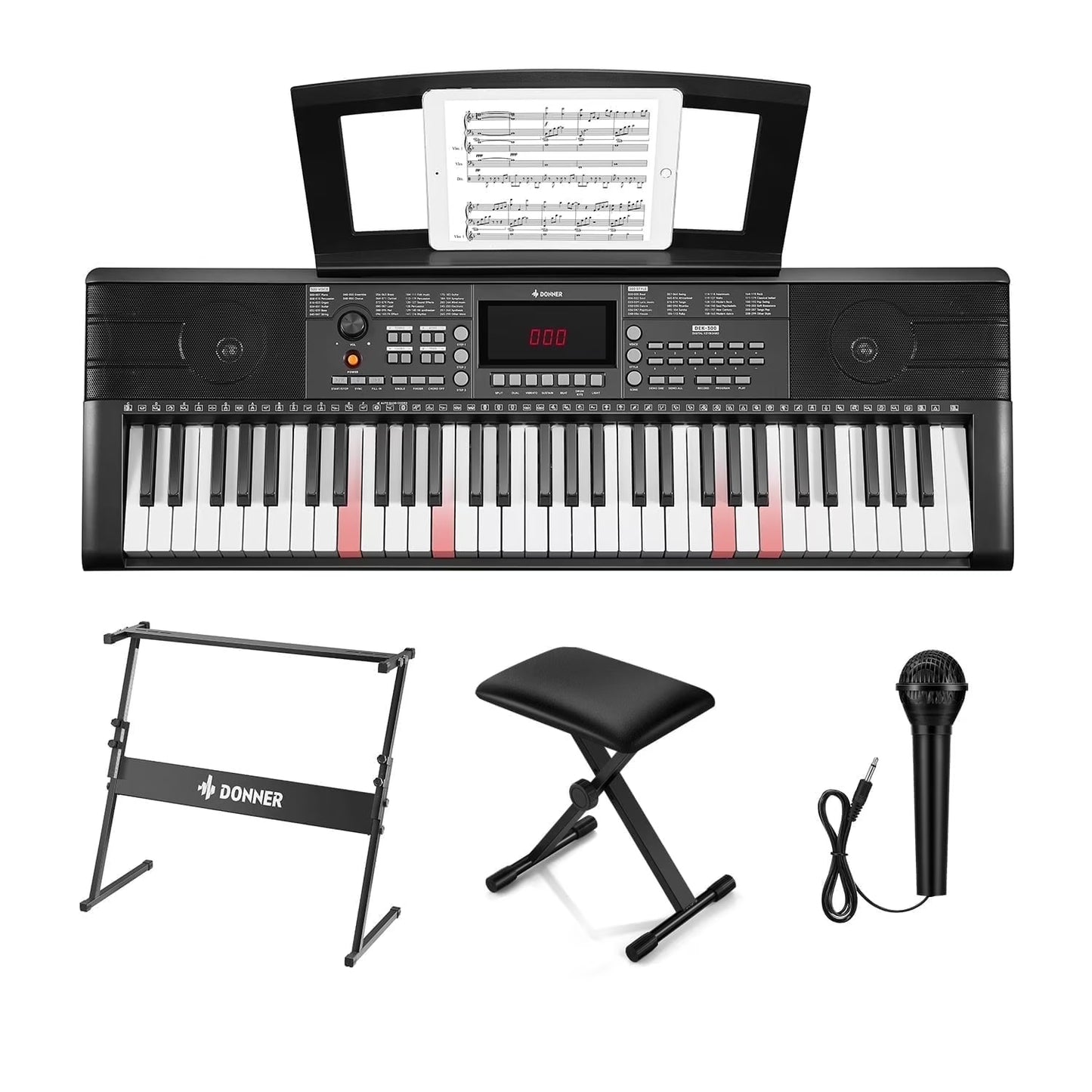 DEK-300 61-Key LED Electronic Keyboard Piano with Interactive Light-Up Keys – All-In-One Bundle with Stand & Bench, 500 Timbres, 300 Rhythms, Teaching Mode for Beginners