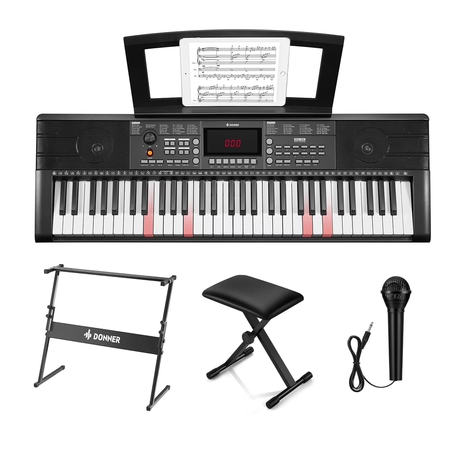 DEK-300 61-Key LED Electronic Keyboard Piano with Interactive Light-Up Keys – All-In-One Bundle with Stand & Bench, 500 Timbres, 300 Rhythms, Teaching Mode for Beginners