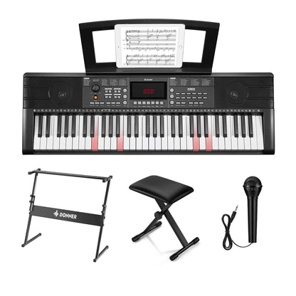 DEK-300 61-Key LED Electronic Keyboard Piano with Interactive Light-Up Keys – All-In-One Bundle with Stand & Bench, 500 Timbres, 300 Rhythms, Teaching Mode for Beginners