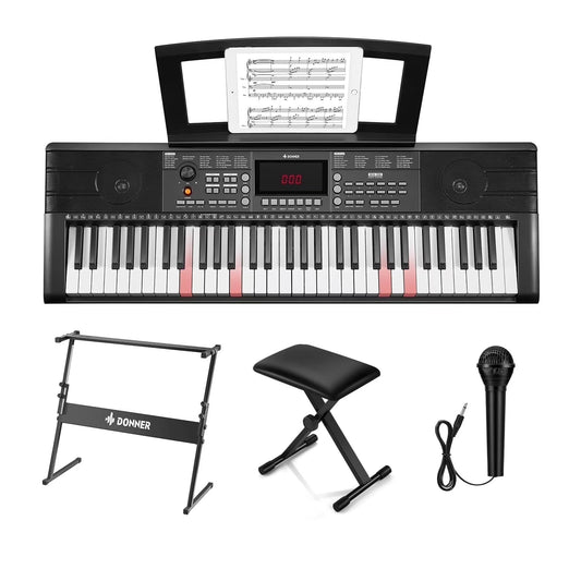 DEK-300 61-Key LED Electronic Keyboard Piano with Interactive Light-Up Keys – All-In-One Bundle with Stand & Bench, 500 Timbres, 300 Rhythms, Teaching Mode for Beginners