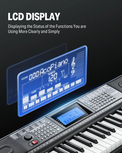 Upgraded 61 Key Piano Keyboard, Electric Keyboard Kit with 249 Voices, 249 Rhythms - Includes Piano Stand, Stool, Microphone, Gift for Beginners, Black (DEK-610S)
