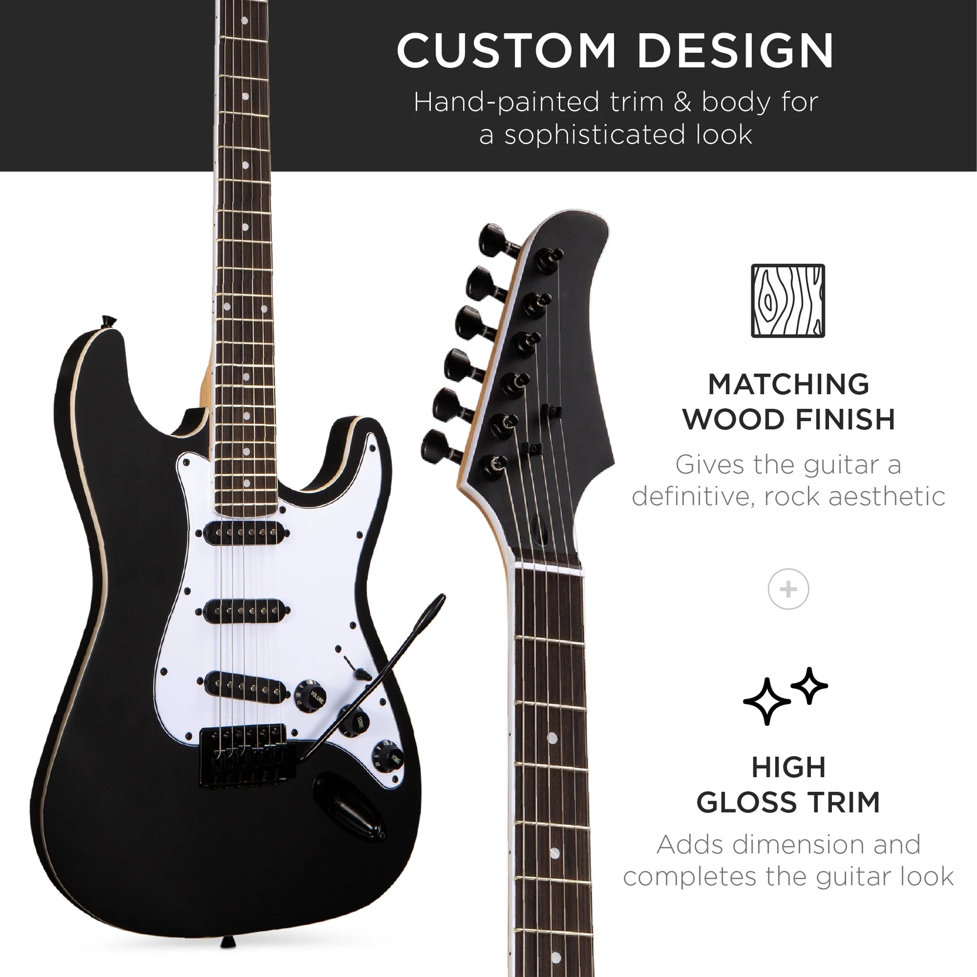 39In Full Size Beginner Electric Guitar Kit with Case, Strap, Amp, Whammy Bar - Jet Black