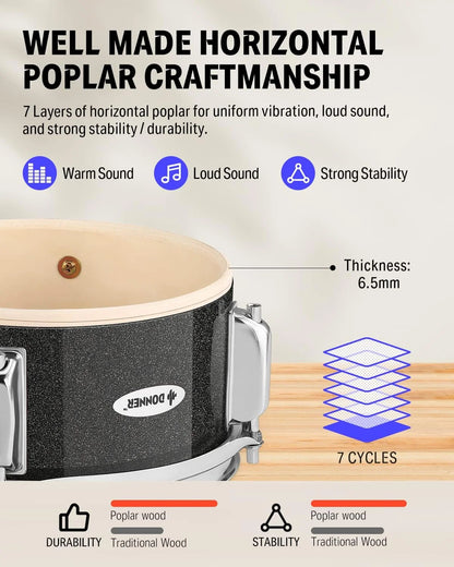 Kids Junior Drum Set for Beginner, 14" 5-Piece Percussion Instrument Practice Learning, Black