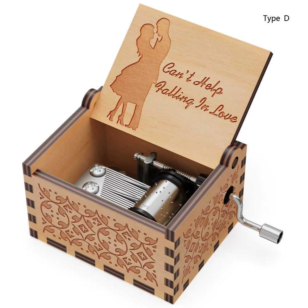 Wooden Music Box Vintage Engraving Wooden Hand-Cranked Music Box Can'T Help but Fall in Love Music Box