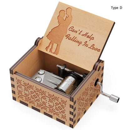 Wooden Music Box Vintage Engraving Wooden Hand-Cranked Music Box Can'T Help but Fall in Love Music Box