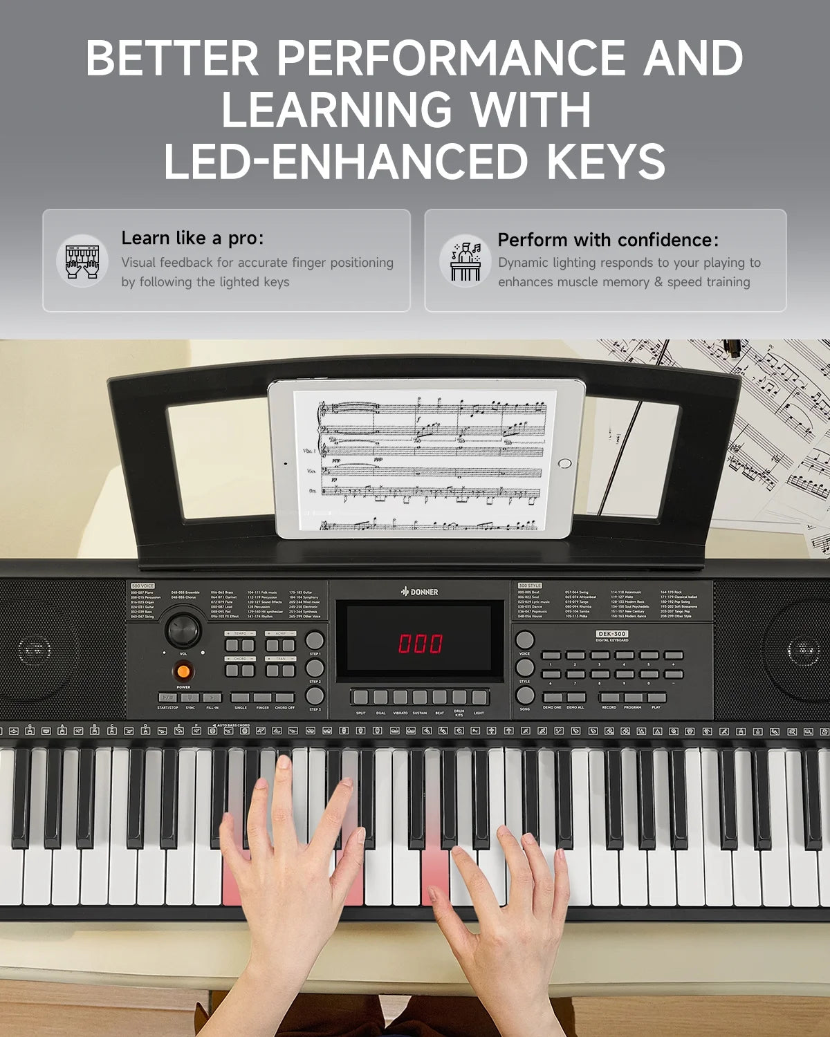 DEK-300 61-Key LED Electronic Keyboard Piano with Interactive Light-Up Keys – All-In-One Bundle with Stand & Bench, 500 Timbres, 300 Rhythms, Teaching Mode for Beginners
