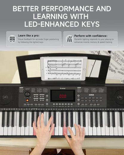 DEK-300 61-Key LED Electronic Keyboard Piano with Interactive Light-Up Keys – All-In-One Bundle with Stand & Bench, 500 Timbres, 300 Rhythms, Teaching Mode for Beginners