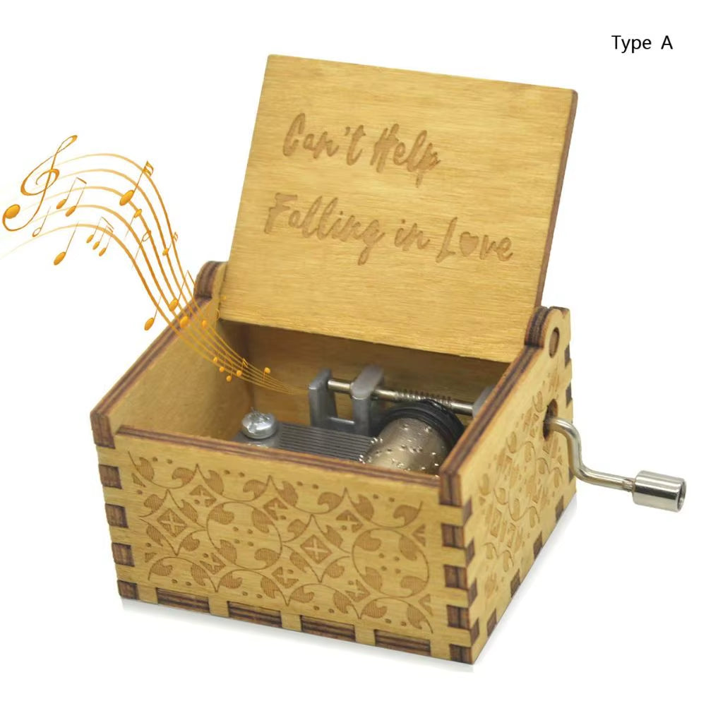 Wooden Music Box Vintage Engraving Wooden Hand-Cranked Music Box Can'T Help but Fall in Love Music Box