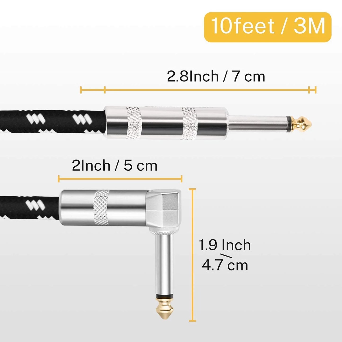 Guitar Cable 10 Ft, Electric Instrument Cable Bass Amp Cord for Electric Guitar Bass Amplifier Audio, 1/4" Right Angle to Straight, Black White