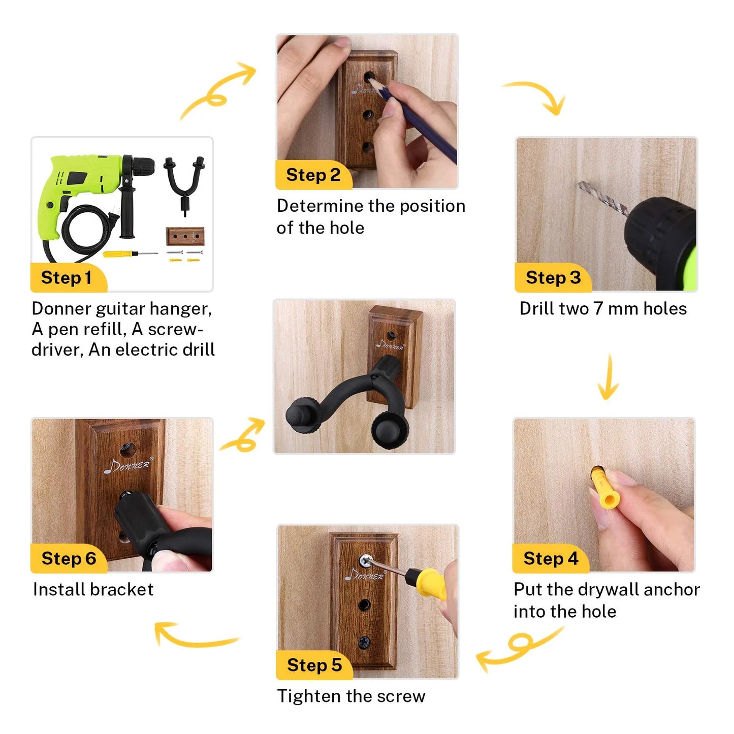 Guitar Wall Mount Hanger 3-Pack, Black Walnut Guitar Wall Holder for Acoustic Electric Guitars, Bass, Folk Ukulele, Violin, Mandolin Banjo and String Instruments