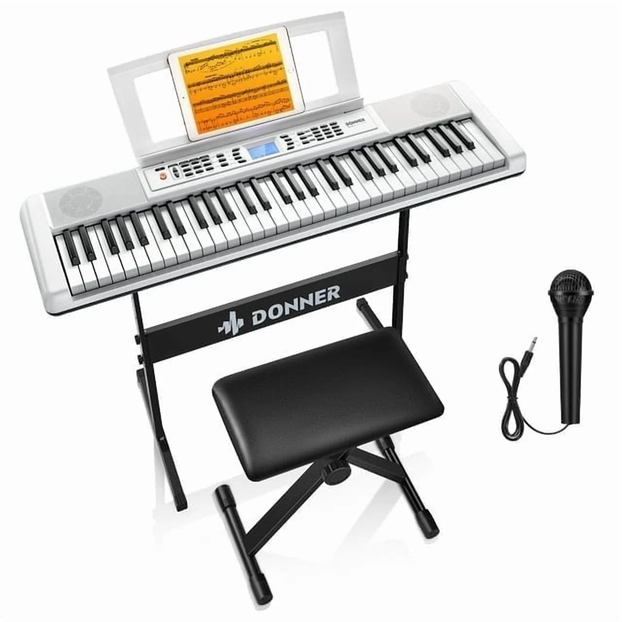 DEK-200 61 Key Electronic Piano Keyboard Set, Auto Accompaniment, Record, Includes 300 Tones, with Stand, Bench, Microphone, White
