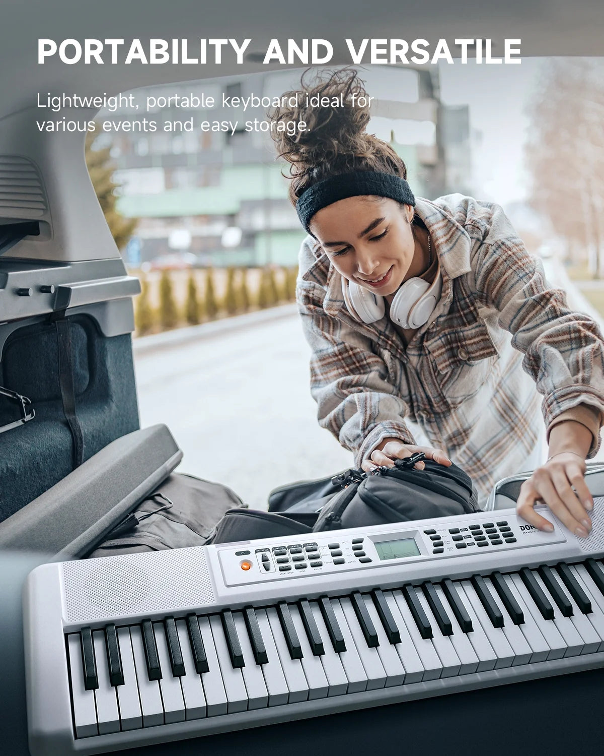 DEK-200 61 Key Electronic Piano Keyboard Set, Auto Accompaniment, Record, Includes 300 Tones, with Stand, Bench, Microphone, White